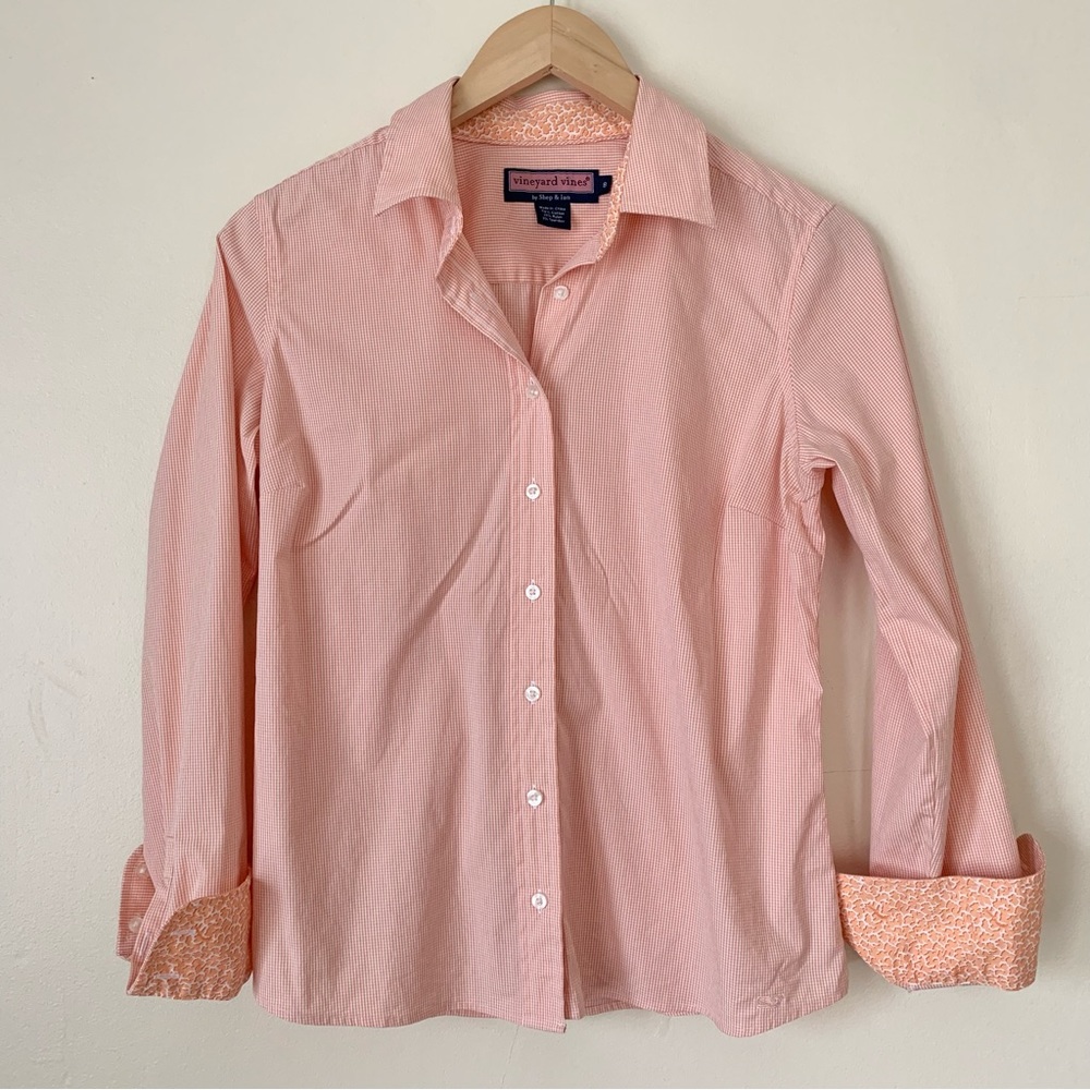 Vineyard Vines Orange Coral White Plaid Gingham Button Down Long Sleeve Top
